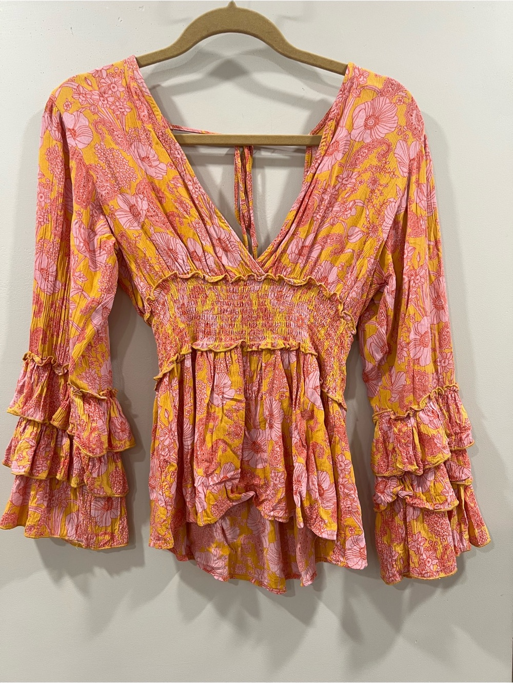 Angie Women’s Pink & Yellow Floral Smocked V-Neck Blouse